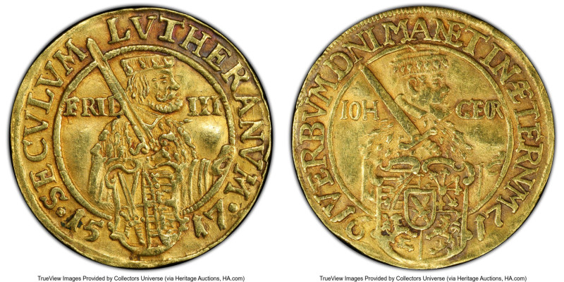 Saxony. Johann Georg I gold Ducat 1617 AU50 PCGS, Dresden mint, KM109, Fr-2663, ...