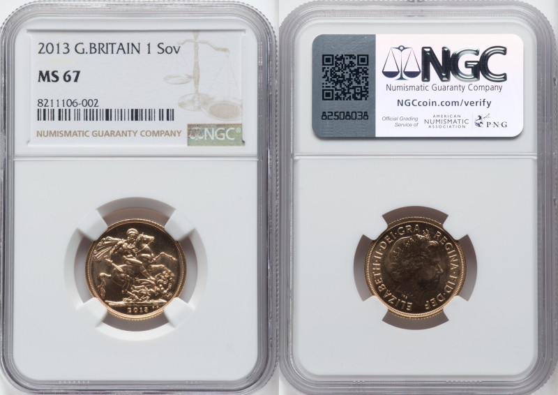 Elizabeth II gold Sovereign 2013 MS67 NGC, Royal mint, KM1002.1, S-SC7. HID09801...