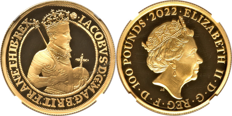 Elizabeth II gold Proof "King James I" 100 Pounds (1 oz) 2022 PR70 Ultra Cameo N...