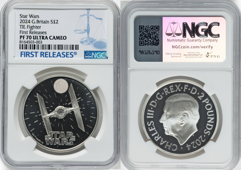 Charles III silver Proof "TIE Fighter" 2 Pounds (1 oz) 2024 PR70 Ultra Cameo NGC...