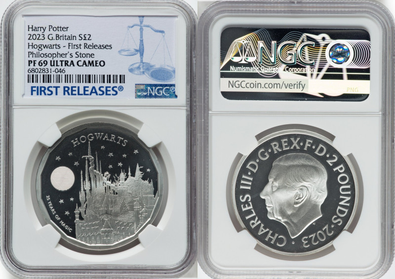 Charles III silver Proof "Hogwarts" 2 Pounds (1 oz) 2023 PR69 Ultra Cameo NGC, M...