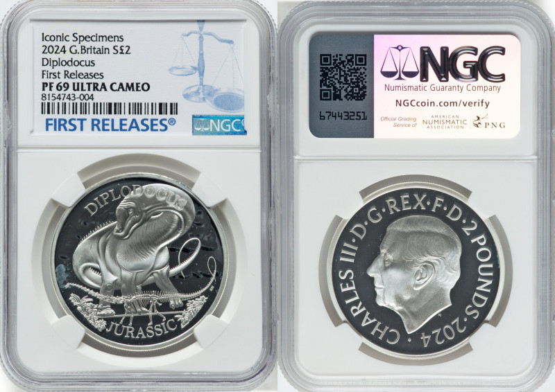 Charles III silver Proof "Diplodocus" 2 Pounds (1 oz) 2024 PR69 Ultra Cameo NGC,...