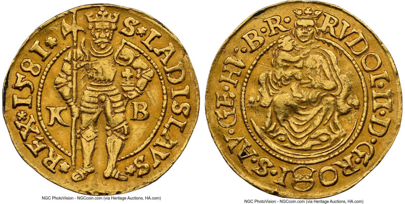 Rudolf II gold Ducat 1581-KB AU Details (Cleaned) NGC, Kremnitz mint, Huszar-100...