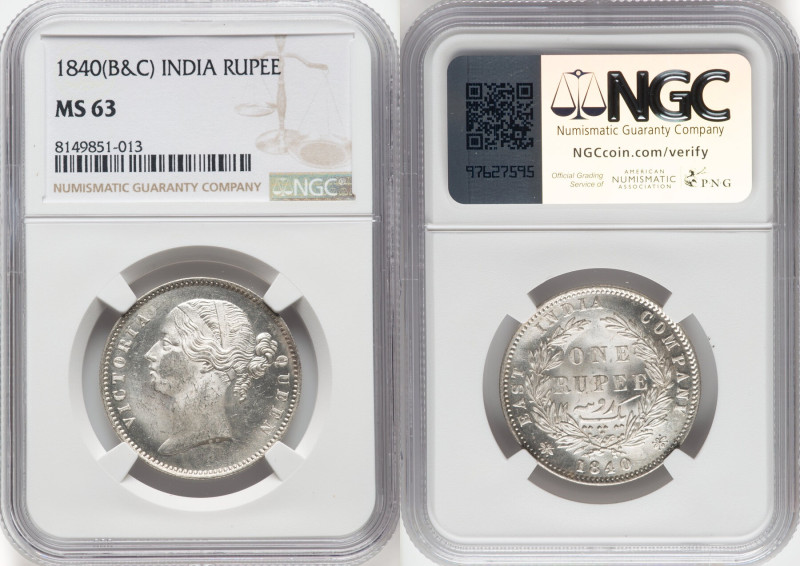 British India. Victoria Rupee 1840-(b & c) MS63 NGC, Calcutta mint, KM458.2. HID...