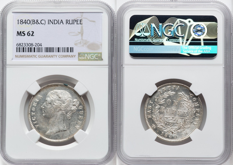 British India. Victoria Rupee 1840-(b & c) MS62 NGC, Calcutta mint, KM458.2. HID...