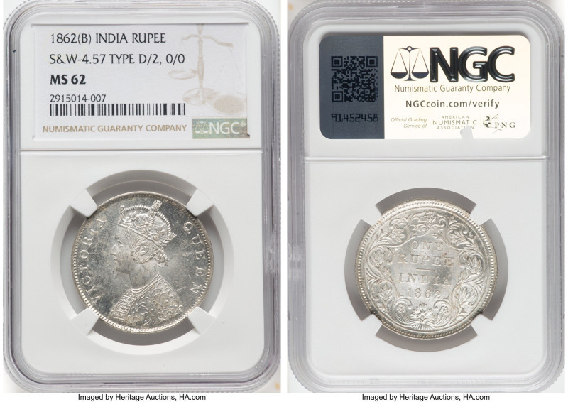 British India. Victoria Pair of Certified Rupees NGC, 1) Rupee 1862-(B) - MS62, ...