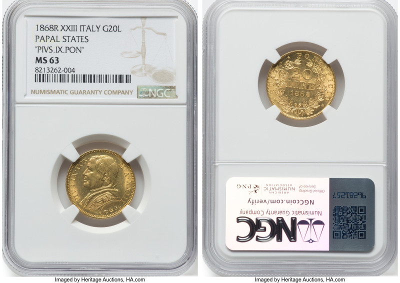 Papal States. Pius IX gold 20 Lire Anno XXIII (1868)-R MS63 NGC, Rome mint, KM13...