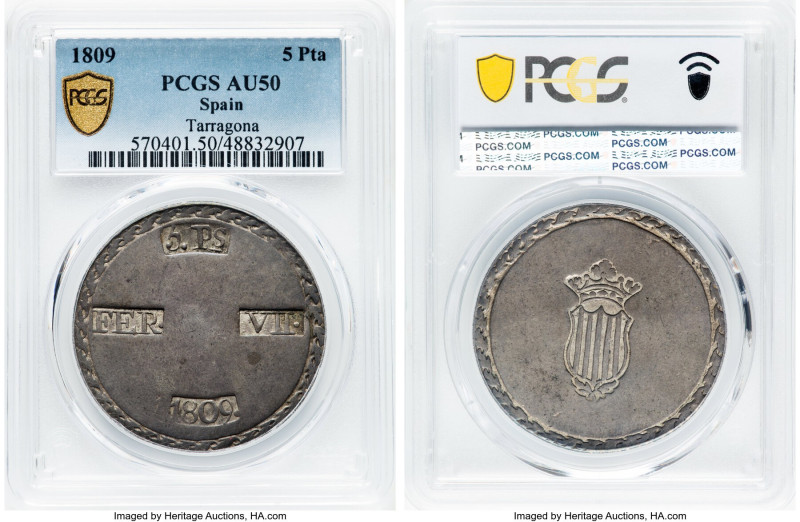 Tarragona. Ferdinand VII 5 Pesetas 1809 AU50 PCGS, KM6. Large "O" in date, curve...