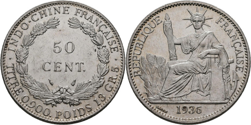 Franz. Indochina: 50 Cent (imes) 1936, Silber, ein Jahrgangstyp. KM# 4a2, Lecomp...