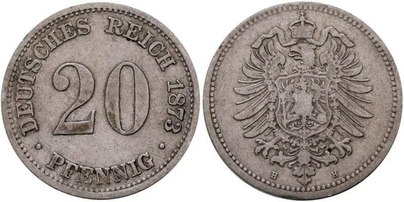 Umlaufmünzen 1 Pf. - 1 Mark: 20 Pfennig 1873 H, Jaeger 5. Auflage nur 54.000. Se...