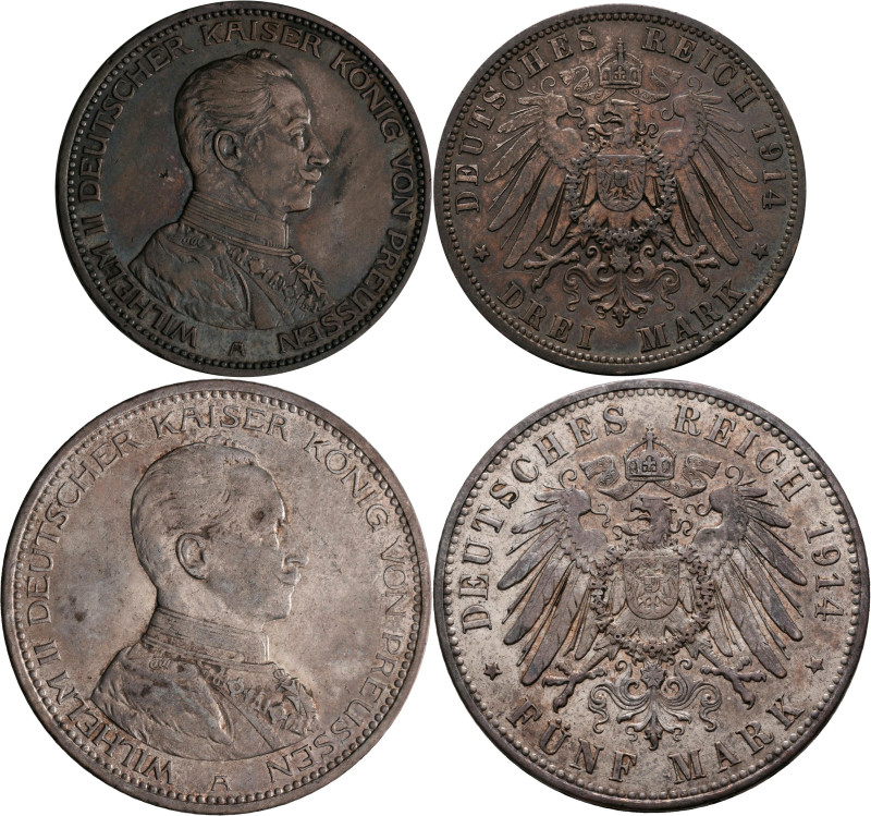 Preußen: Wilhelm II. 1888-1918: 3 Mark + 5 Mark 1914, Büste in Uniform. Jaeger 1...