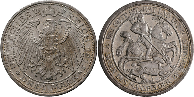 Preußen: Wilhelm II. 1888-1918: 3 Mark 1915 Mansfelder Bergbau, Jaeger 115. Pati...