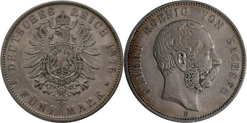 Sachsen: Albert 1873-1902: 5 Mark 1876 E, Jaeger 122, sehr schön - vorzüglich.
...