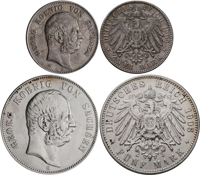 Sachsen: Georg 1902-1904: 2 Mark 1904 E (J. 129) + 5 Mark 1903 E (J. 130). Beide...