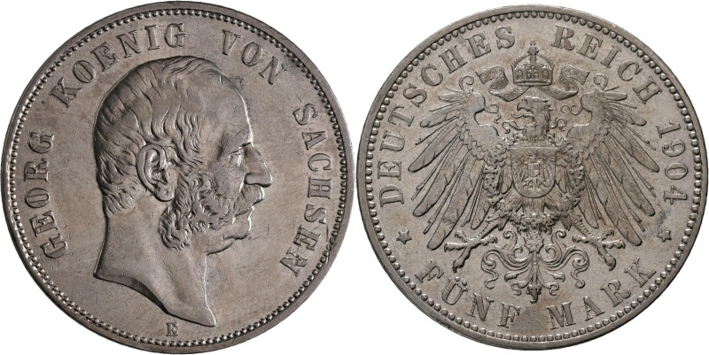 Sachsen: Georg 1902-1904: 5 Mark 1904 E, Jaeger 130, feine Kratzer, fast vorzügl...