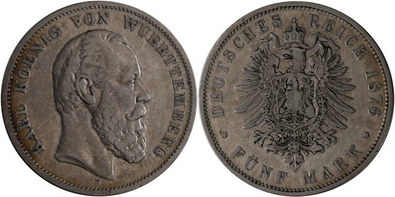 Württemberg: Karl 1864-1891: 5 Mark 1876 F, Jaeger 173, sehr schön.
 [differenz...