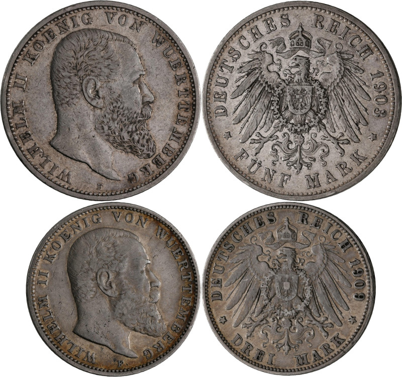 Württemberg: Wilhelm II. 1891-1918: Lot 2 Stück, 5 Mark 1903F+ 3 Mark 1909F, Jae...