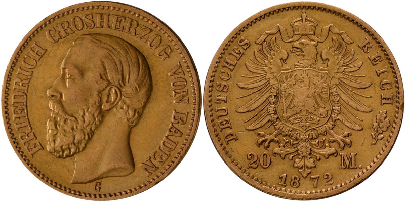 Baden: Friedrich I. 1852-1907: 20 Mark 1872 G, Jaeger 184. 7,95 g, 900/1000 Gold...