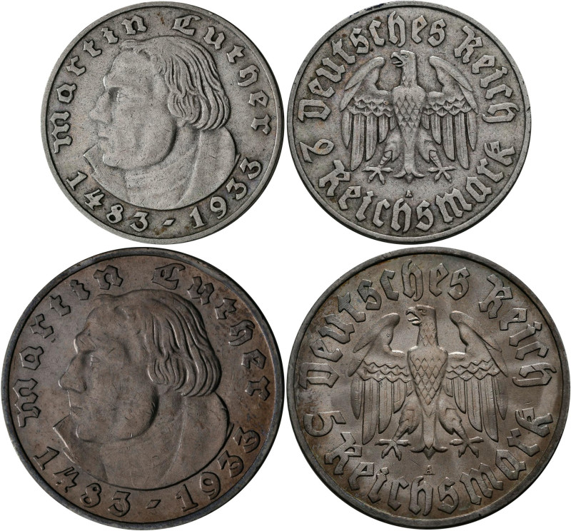 Drittes Reich: 5 Reichsmark 1933 A Luther in vorzüglich + 2 Reichsmark 1933 A Lu...