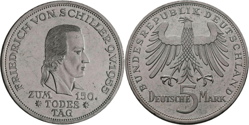 Bundesrepublik Deutschland 1948-2001: 5 DM 1955 F, Friedrich Schiller, Jaeger 38...