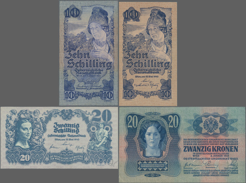 Austria: Lot with 4 banknotes, series 1913-1945, with 20 Kronen 1913 (P.13, VF+/...