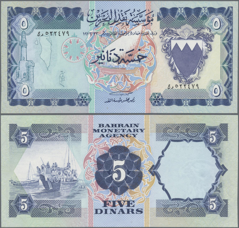 Bahrain: Bahrain Monetary Agency, 5 Dinars L.1973, P.8A in UNC condition.
 [dif...