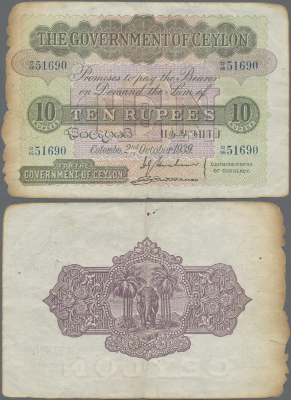 Ceylon: The Government of Ceylon, 10 Rupees 1939, P.25, burn marks left border, ...