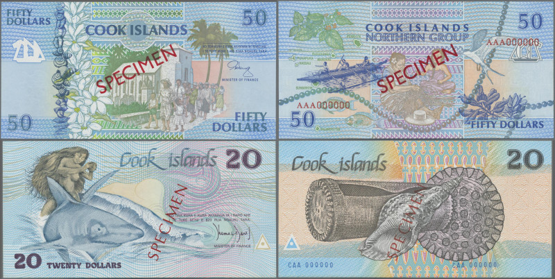 Cook Islands: Pair with 20 Dollars ND(1987) SPECIMEN and 50 Dollars ND(1992) SPE...