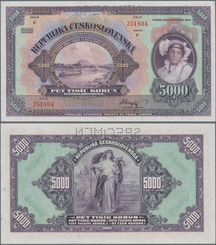 Czechoslovakia: 1920, 5000 Korun, large format bill in mint condition with ”SPEC...