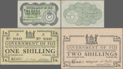 Fiji: Government of Fiji, lot with 3 banknotes, 1942 series, with 1 Penny (P.47a, aUNC/UNC), 1 Shilling (P.49a, VF) and 2 Shillings REMAINDER without ...