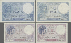 France: Banque de France, set with 6 banknotes, series 1917-1933, with 3x 5 Francs 1921, 1925 and 1933 (P.72b,c,e, F to XF), 10 Francs 1917 (P.73a, XF...