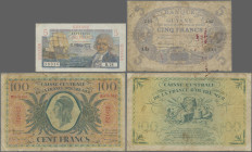 French Guiana: Banque de la Guyane and Caisse Centrale de la France d'Outre-Mer - GUYANE, lot with 3 banknotes, including 5 Francs L.1901 (1922-47) (P...