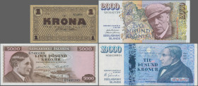 Iceland: Central Bank of Iceland, lot with 4 banknotes, series 1941-2001, comprising 1 Krona 1941 with serial # 256998 (P.22c, VF+), 5.000 Kronur L.19...