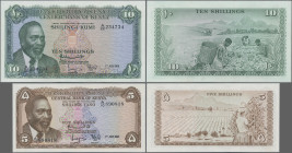 Kenya: Central Bank of Kenya, pair with 5 Shillings 1967 (P.1b, UNC) and 10 Shillings 1968 (P.2c, aUNC). (2 pcs.)
 [differenzbesteuert]