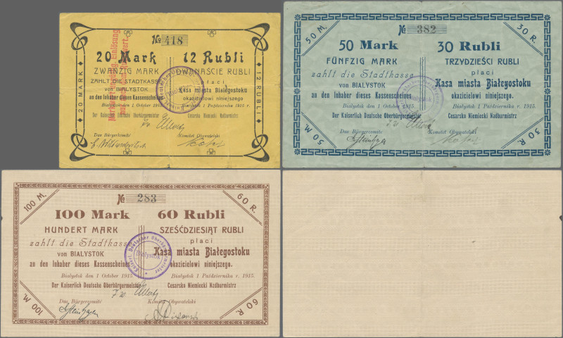 Poland: Bialystok, Stadtkasse, 20, 50, 100 Mark = 12, 30, 60 Rubli, 1.10.1915, P...