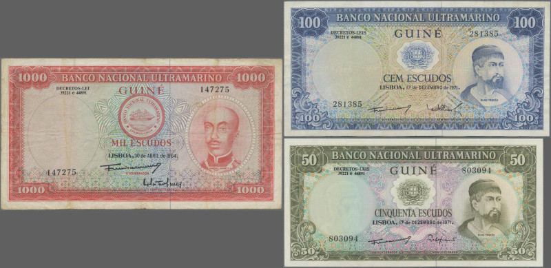 Portuguese Guinea: Banco Nacional Ultramarino – GUINEE, lot with 3 banknotes, 50...