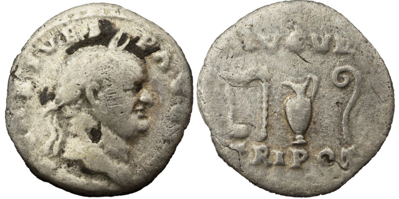 Vespasian AR Denatius, 71 AD. Obv: IMP CAES VESP AVG P M: Head of Vespasian, lau...