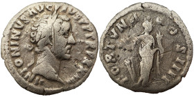 Antoninus Pius AR Denarius 159 - 160 AD. Obv: ANTONINVS AVG PIVS P P TR P XXIII: Head of Antoninus Pius, laureate, right, Rev: FORTVNA COS IIII: Fortu...