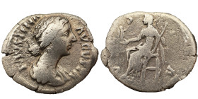 Faustina the Younger AR Denarius, 161-176 AD. Obv: FAVSTINA AVGVSTA: Bust of Faustina the Younger, bare-headed, hair waved and fastened in a bun on ba...