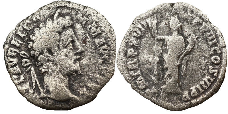 Marcus Aurelius AR Denarius, 163-164 AD. Obv: M ANTONINVS AVG IMP II: Bust of Ma...