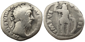 Marcus Aurelius AR Denarius. 172-173 AD. Obv: M ANTONINVS AVG TR P XXVII: Head of Marcus Aurelius, laureate, right. Rev: IMP VI COS III: Mars, helmete...