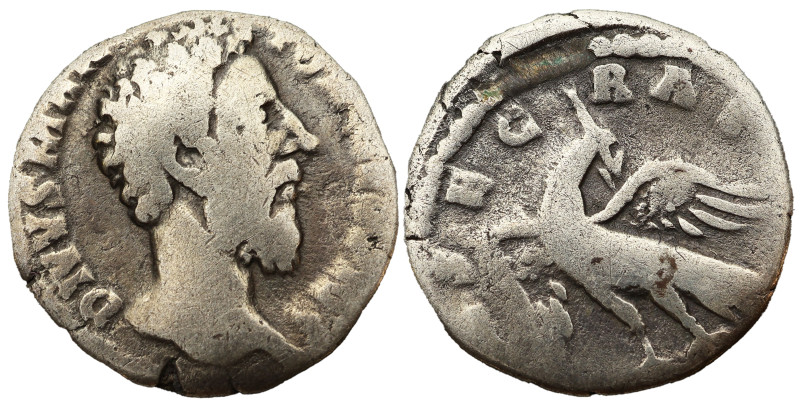 Marcus Aurelius AR Denarius, 180 AD. Obv: DIVVS M ANTONINVS PIVS: Head of Divus ...