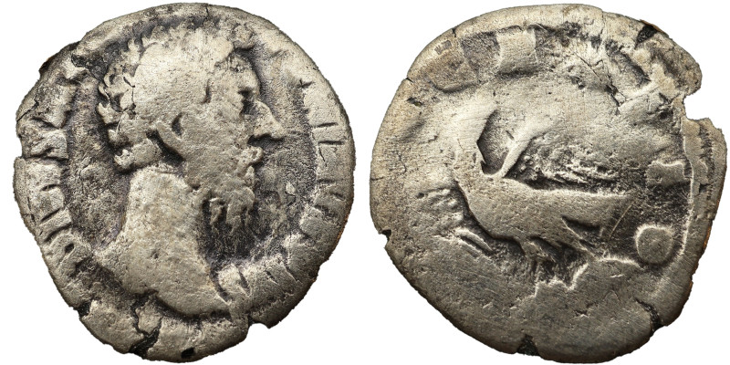 Marcus Aurelius AR Denarius, 180 AD. Obv: DIVVS M ANTONINVS PIVS: Head of Divus ...