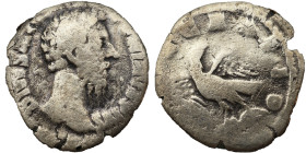 Marcus Aurelius AR Denarius, 180 AD. Obv: DIVVS M ANTONINVS PIVS: Head of Divus Marcus Aurelius, bare, right. Rev: CONSECRATIO: Eagle, standing left o...