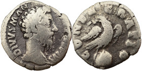 Marcus Aurelius AR Denarius, 180 AD. Obv: DIVVS M ANTONINVS PIVS: Head of Divus Marcus Aurelius, bare, right. Rev: CONSECRATIO: Eagle, standing right ...