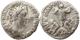 Commodus AR Denarius, 180 AD. Obv: M COMMODVS ANTONINVS AVG: Head of Commodus, laureate, right. Rev: TR P V IMP IIII COS II P P: Trophy; to left and r...