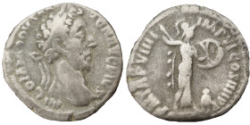 Commodus AR Denarius, 183-184 AD. Obv: M COMMODVS ANTON AVG PIVS: Head of Commodus, laureate, right. Rev: P M TR P VIIII IMP VI COS IIII P P: Minerva,...
