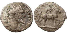 Septimius Severus AR Denarius, 197-201 A.D. Obv: Head of Septimius Severus, laureate, right, Rev: Septimius Severus, in military attire, on horse pran...