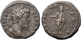 Septimius Severus AR Denarius, 202-210 AD. Obv: SEVERVS PIVS AVG: Head of Septimius Severus, laureate, right, Rev: FVNDATOR PACIS: Septimius Severus, ...