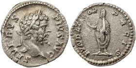 Septimius Severus AR Denarius, 202-210 AD. Obv: SEVERVS PIVS AVG: Head of Septimius Severus, laureate, right. Rev: FVNDATOR PACIS: Septimius Severus, ...